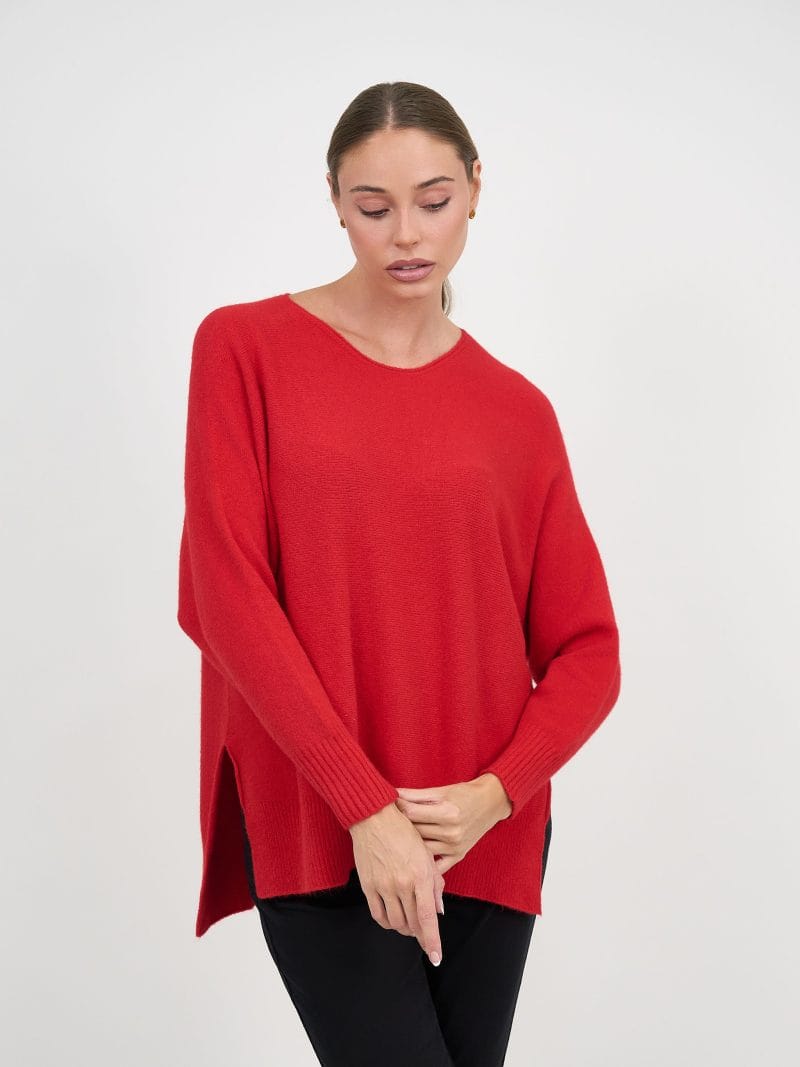 Curved Neck Ribbed Knit Red La Strada