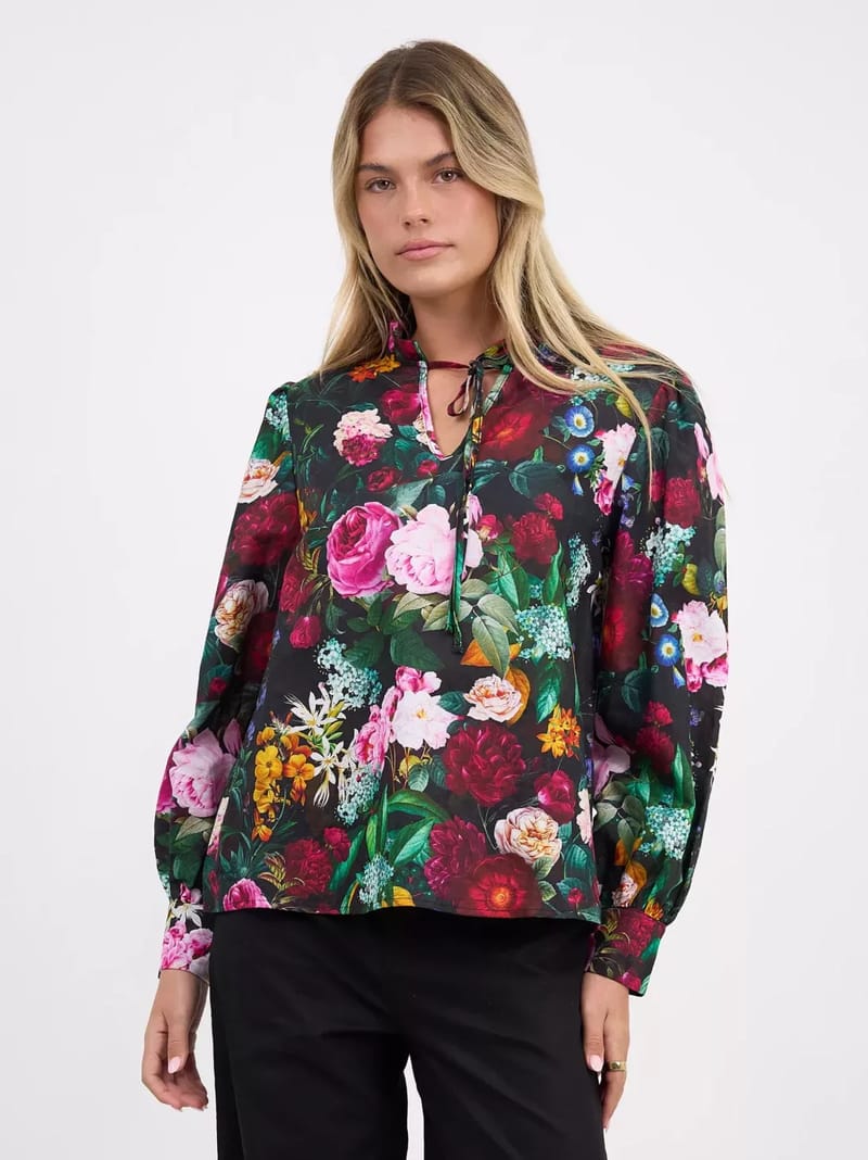 Cuff Sleeve Linen Top Black Liberty Rose