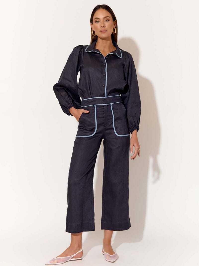 Contrast Trim Linen Shirt Navy adorne