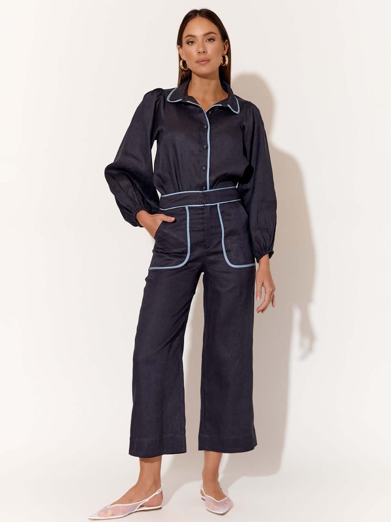 Contrast Trim Linen Shirt Navy adorne