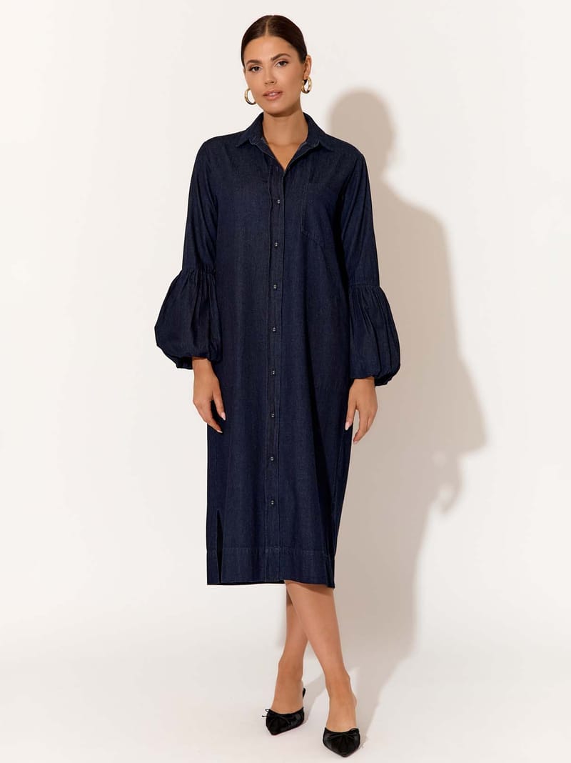 Denim Puffed Sleeve Dress Navy adorne