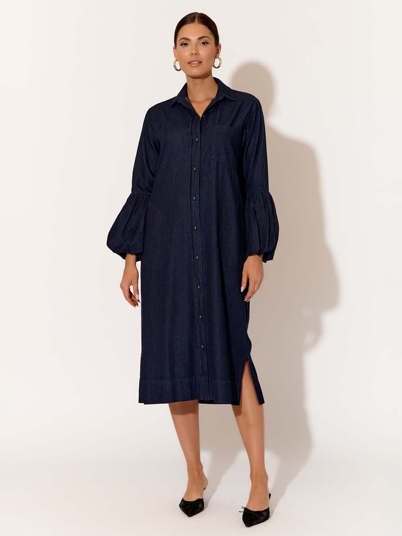 Denim Puffed Sleeve Dress Navy adorne