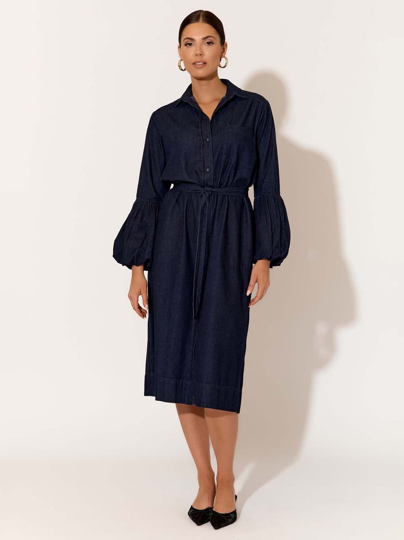 Denim Puffed Sleeve Dress Navy adorne