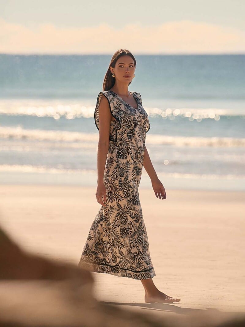 Trim Detail Linen Maxi Dress Natural adorne