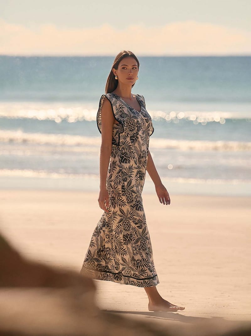 Trim Detail Linen Maxi Dress Natural adorne