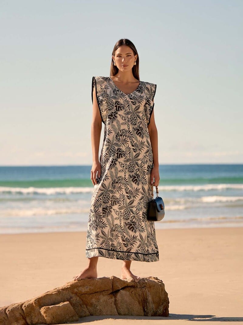 Trim Detail Linen Maxi Dress Natural adorne