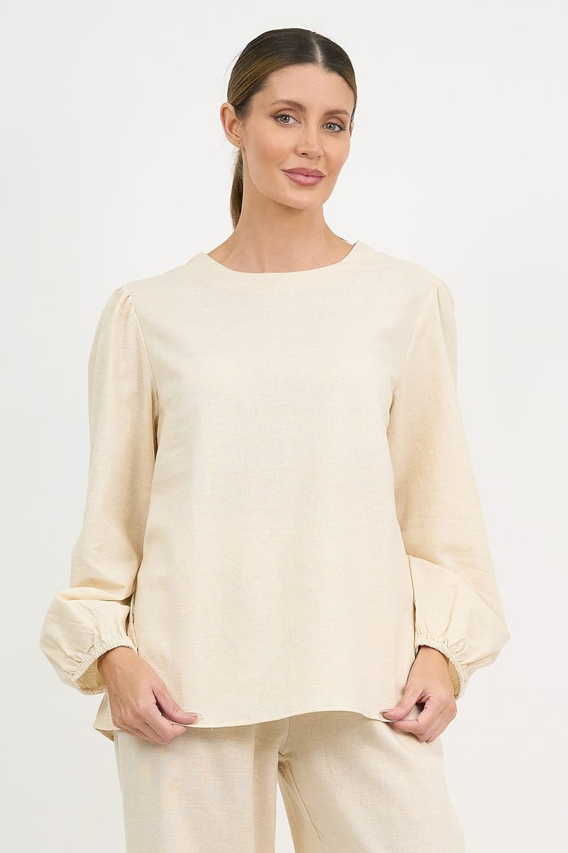 Linen Balloon Sleeve Top Natural Liberty Rose