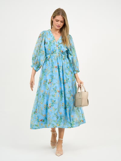 Gathered Neckline Midi Dress Sky Blue Liberty Rose