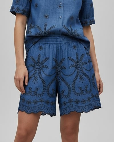 Embroidered Denim Short Mid Denim Liberty Rose