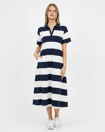 Polo Cotton Jersey Stripe Dress Navy Liberty Rose