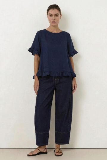 Linen Ruffle Top Navy Worthier