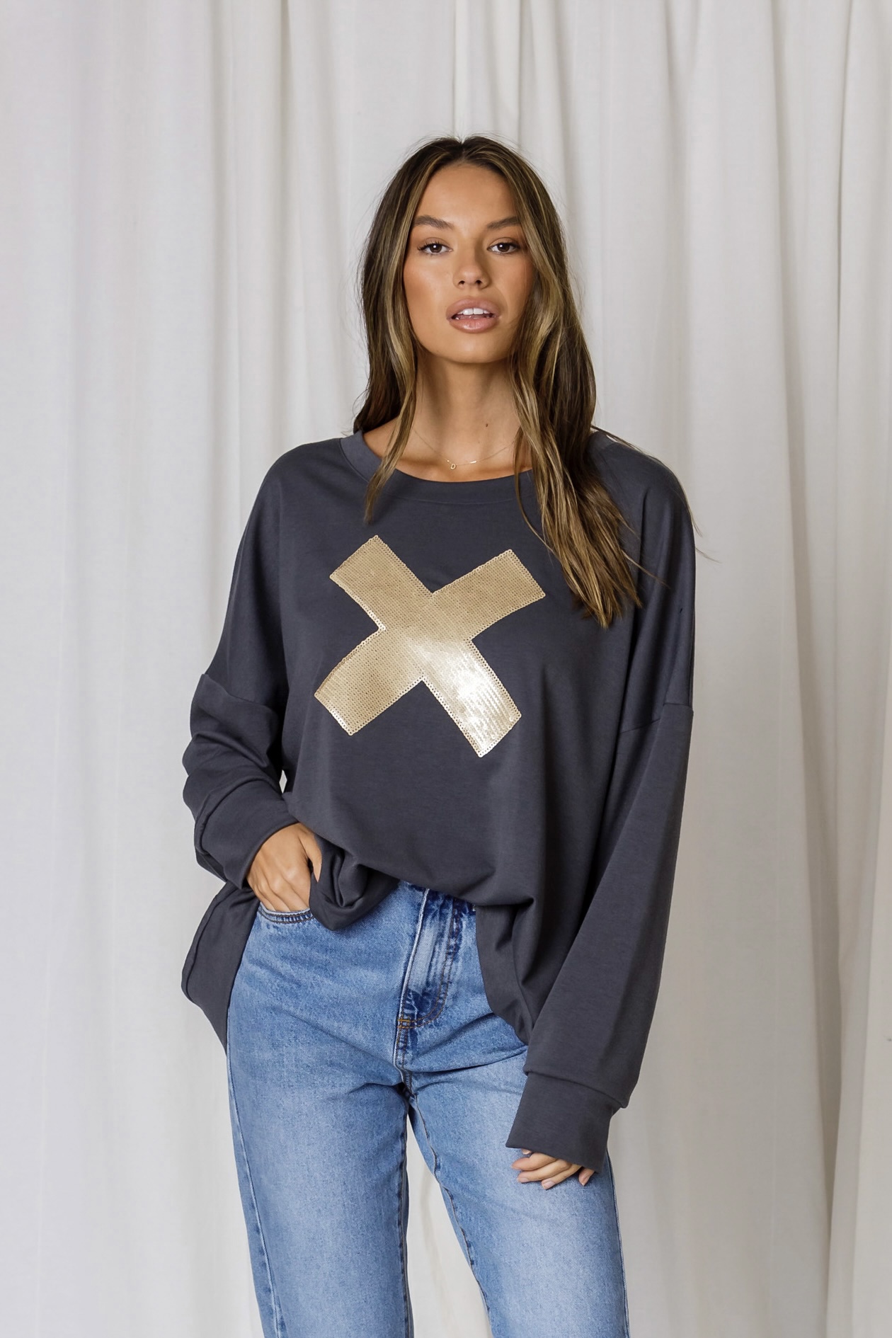 Sequin Cross Sweat Grey Love Lily The Label