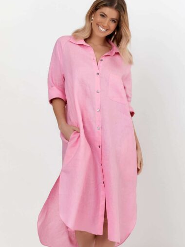 Gia Linen Shirt Dress Pink Adorne