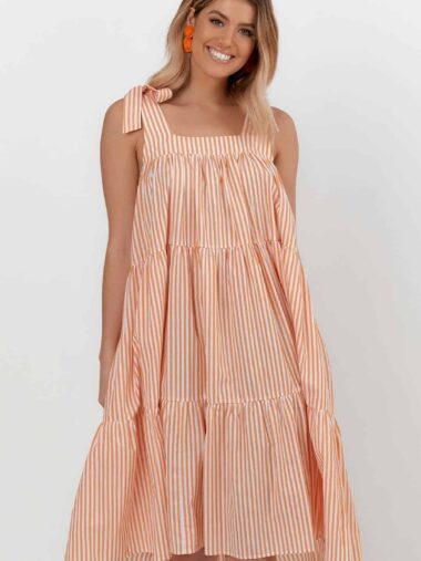 Poppy Stripe Tie Dress Orange Adorne