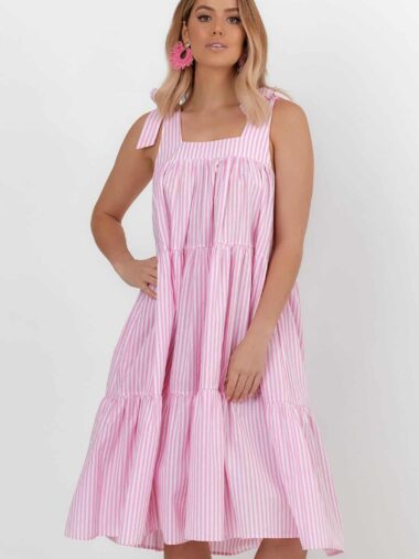Poppy Stripe Tie Dress Pink Adorne