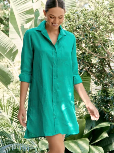 Maree Linen Shirt Dress Green Adorne