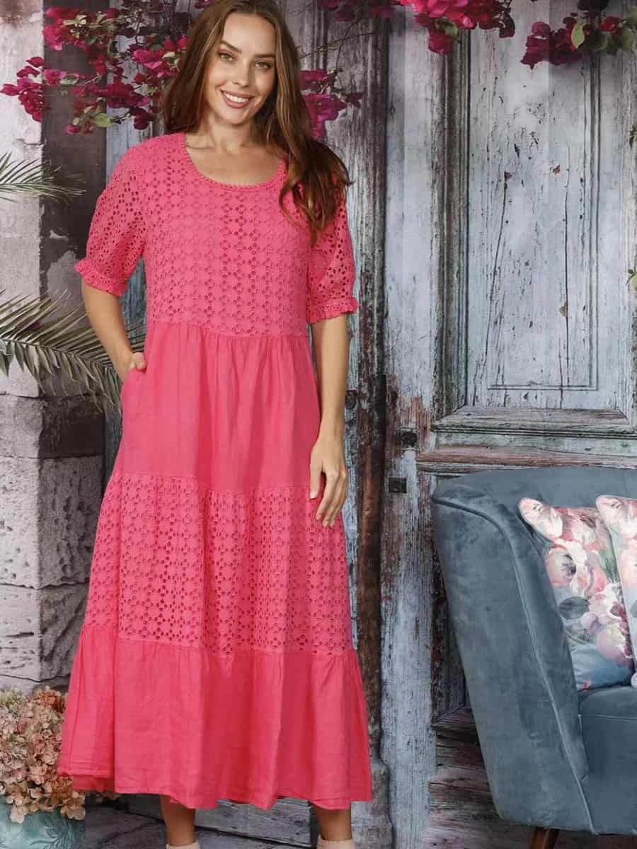 Broderie Tier Dress Pink La Strada