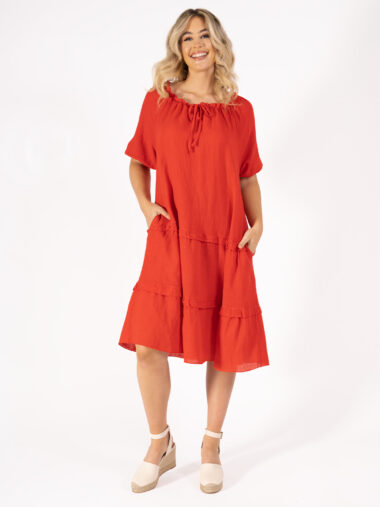 Elastic Collar Dress Red La Strada