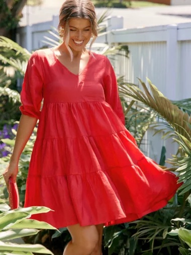 Piper Linen Dress Red Adorne