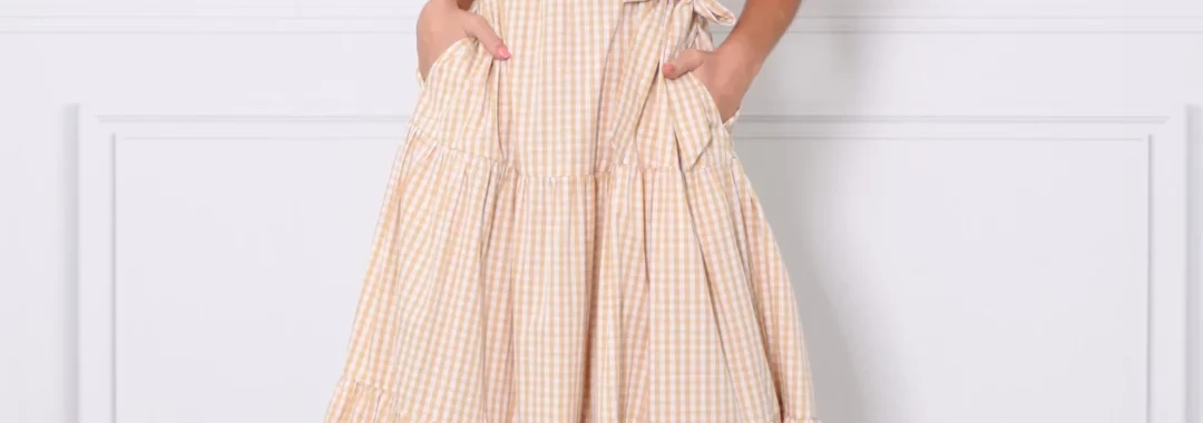 Gingham Tie Tier Dress Beige Leoni