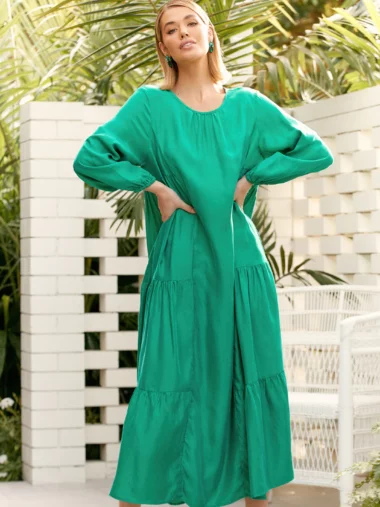 Cupro LS Maxi Dress Green Adorne