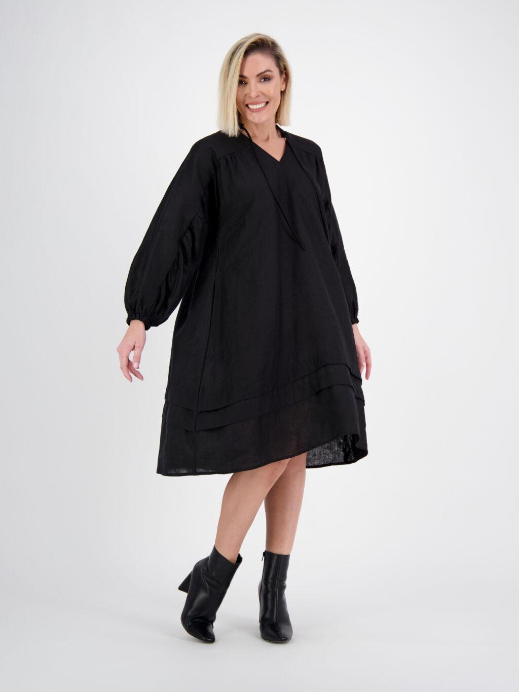 Linen Gather Dress Black Liberty Rose