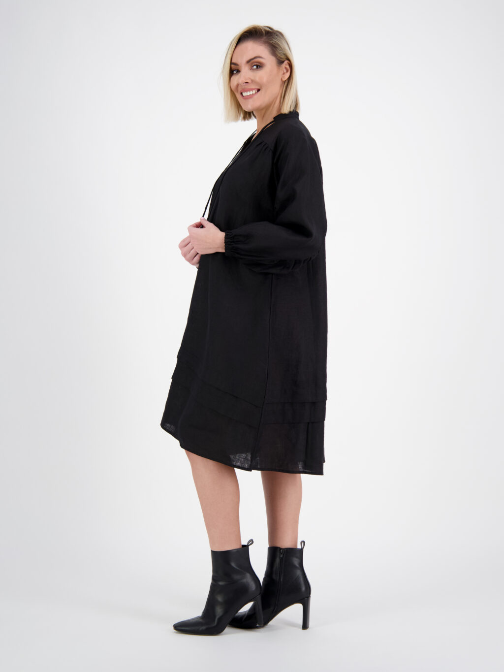 Linen Gather Dress Black Liberty Rose