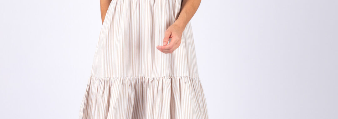 Collared Stripe Tier Dress Beige Worthier