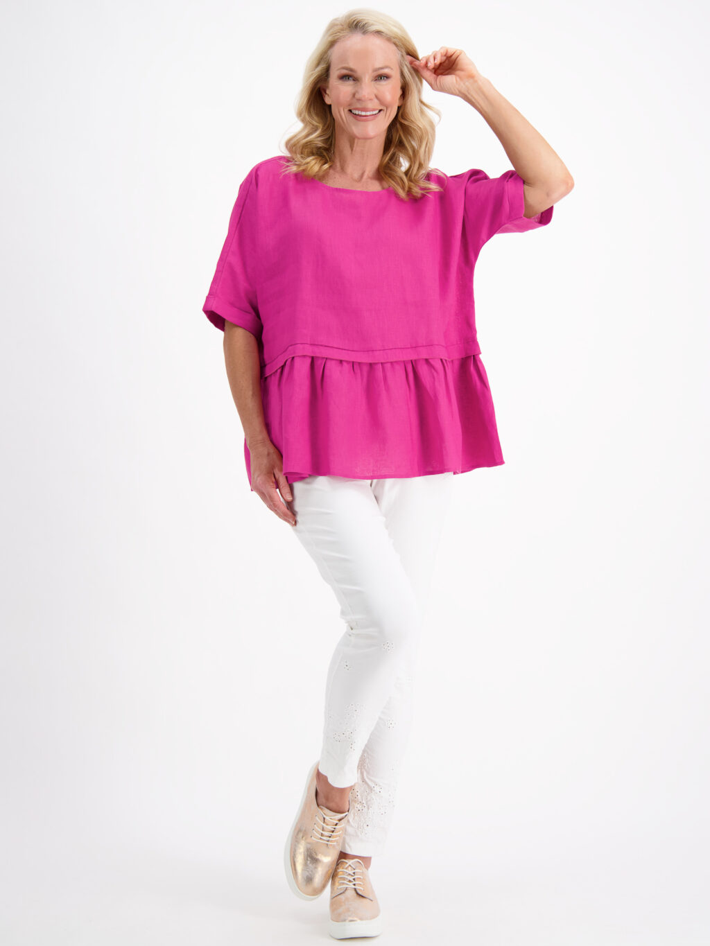 Linen Gather Hem Top Magenta Liberty Rose