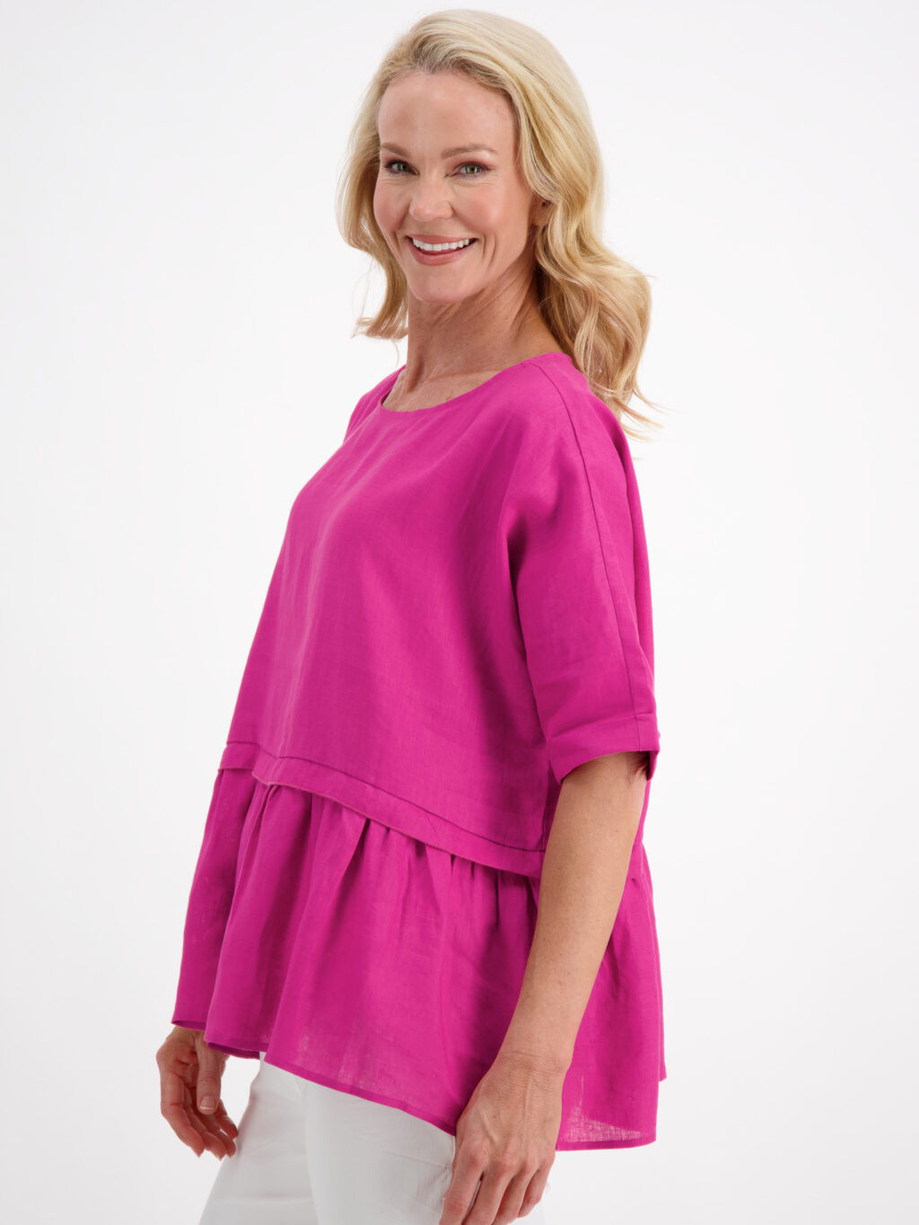 Linen Gather Hem Top Magenta Liberty Rose