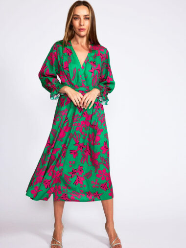Pleat Wrap Midi Dress Green La Strada
