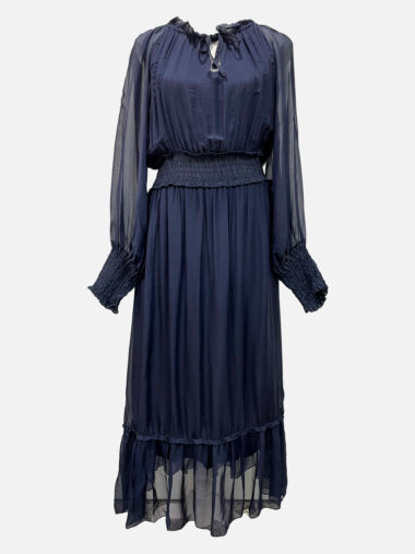 Silk Shirred Waist Dress Navy La Strada