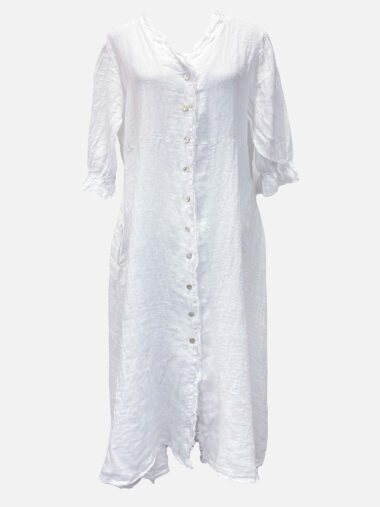 Linen Fray Trim Dress White La Strada