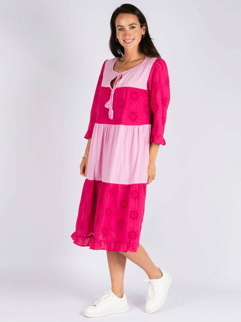 Shirred Waist Broderie Dress - Pink - Liberty Rose - Florence Store