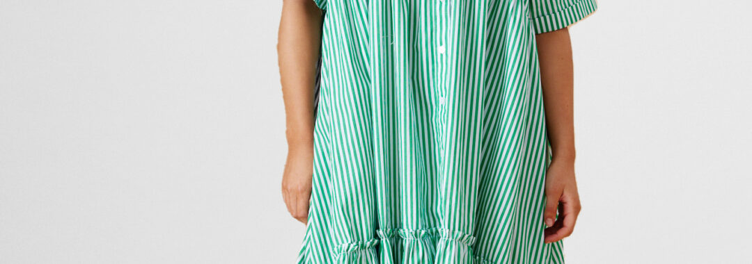 Cotton Stripe Ruffle Dress Green BTL The Label