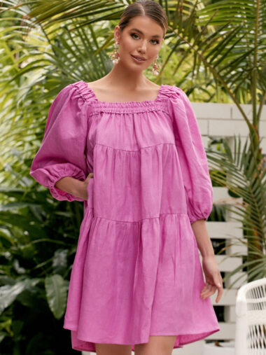 Square Neck Linen Dress Pink Adorne
