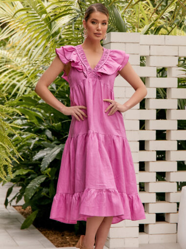 Frill Neckline Linen Dress Pink Adorne