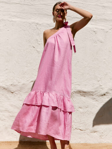 Linen One Shoulder Dress Pink Adorne