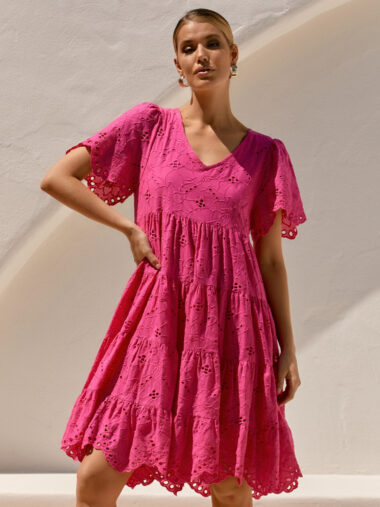 Broderie Tier Dress Pink Adorne