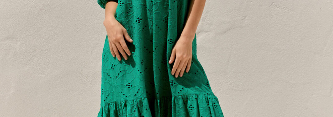 Off Shoulder Broderie Dress Green Adorne