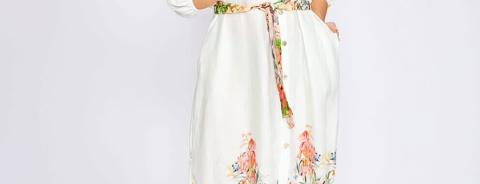 Shirred Floral Shirt Dress White La Strada