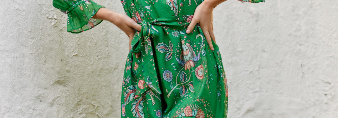 Sheer Frill Floral Dress Green Adorne