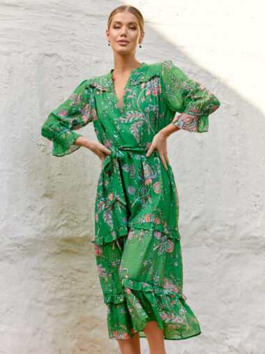 Sheer Frill Floral Dress Green Adorne