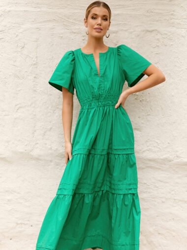 Vee Pleat Detail Dress Green Adorne