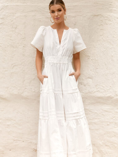 Vee Pleat Detail Dress White Adorne