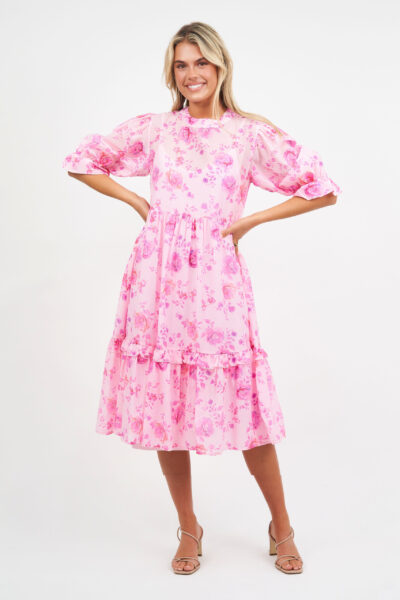 Bow Neck Silk Dress Pink Liberty Rose
