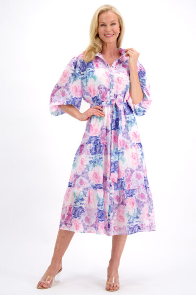 Button Through Silk Long Dress Pink Liberty Rose