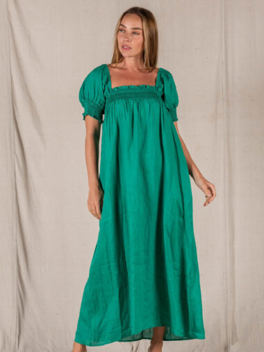 Pia Linen Dress Green Valeria Label