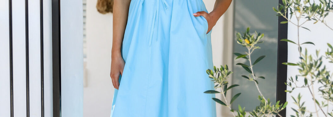 Belted Cotton Dress Sky Blue YH & Co