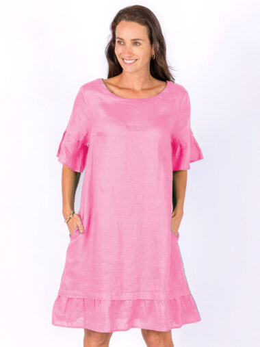 Linen Flute Sleeve Dress Pink Worthier